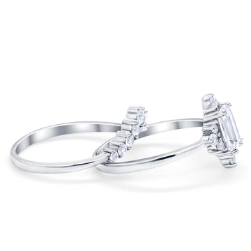 Art Deco Two Piece Wedding Ring Band Emerald Cut Cubic Zirconia 925 Sterling Silver